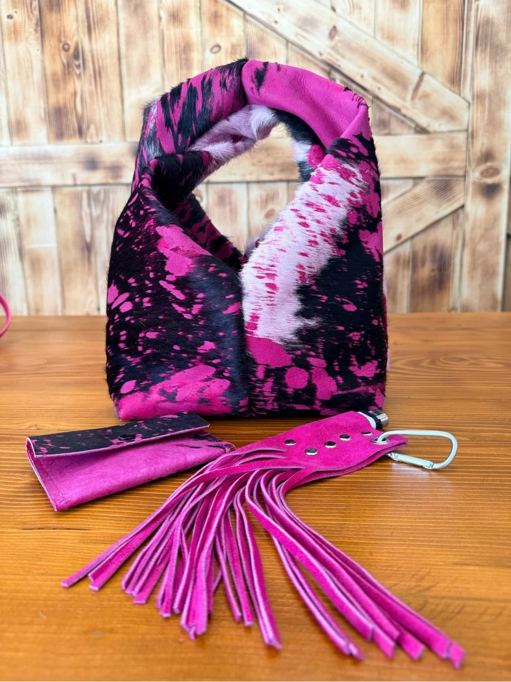 Pink and Black cowhide mini hobo Bag with Tassel Accessory and coin wallet